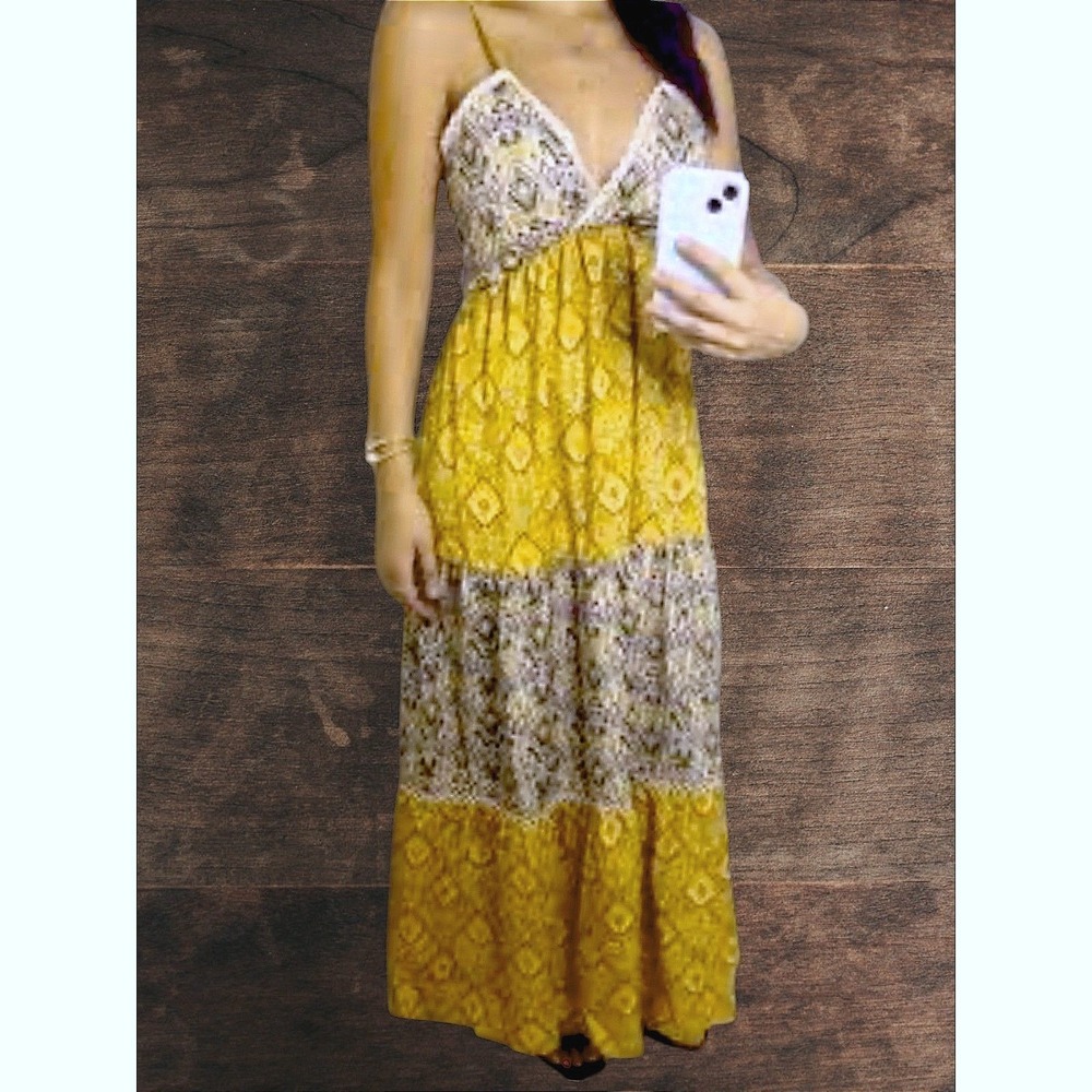 Francesca's 100% Cotton Boho Tiered Babydoll Maxi Dress M Tie Back Pockets
